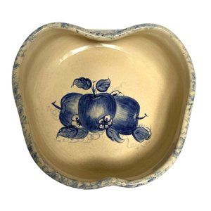 Ellis Pottery Apple Shape Hand Painted Speckled Bowl Blue Cream TX Made in USA